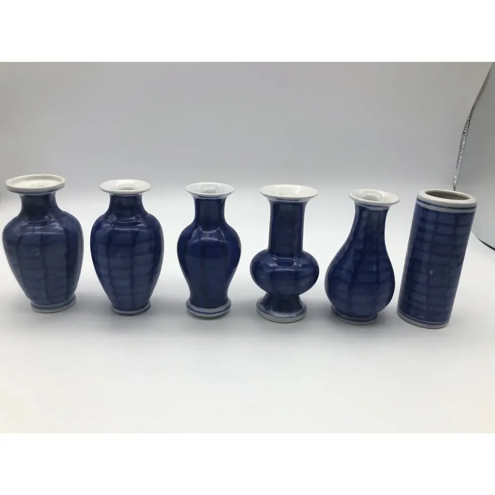 Chinese Miniature Vases Blue & White Plum Blossom Motif 4”tall 6-pieces